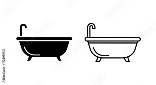 Solid and Outline Bathtub Vector Icons for Modern Bathroom Interior and Plumbing Service Illustration