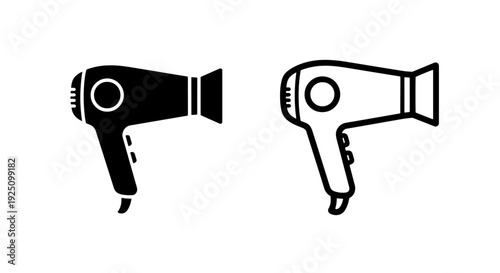 Modern Hair Dryer Appliance Solid and Outline Icons for Beauty Salon and Styling