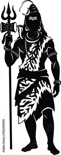 Lord Shiva India Graphic – Stylized Black and White Illustration with Trident, Damaru, Tiger Skin, Crescent Moon, and Ornaments
