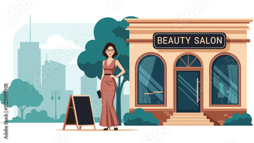 Elegant woman in a long brown evening dress standing outside a modern beauty salon in a city with skyscrapers in background.