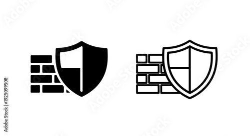 Secure Network Firewall Icon with Brick Wall and Shield, Vector Set for Information Security and Data Guarding