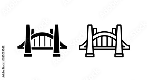 Suspension Bridge Architecture Icon Set, Solid and Outline Vector Symbols for Infrastructure and Engineering