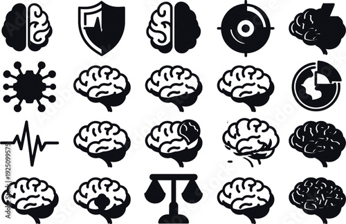 Brain and mind glyph icon collection. Includes human brain, shield, target, virus, heartbeat, and balance scale symbols. Created in solid black style with a monochrome palette.