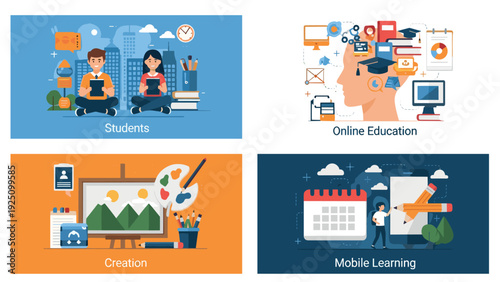 Set of four distinct panels illustrating modern concepts of online education, student life, creative arts, and mobile learning in a flat style.