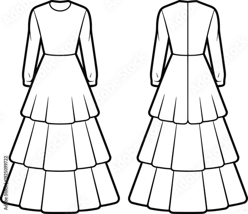 Women Long Sleeve Layered Tiered Gown Technical Flat Sketch with Front and Back Views Vector Apparel Template