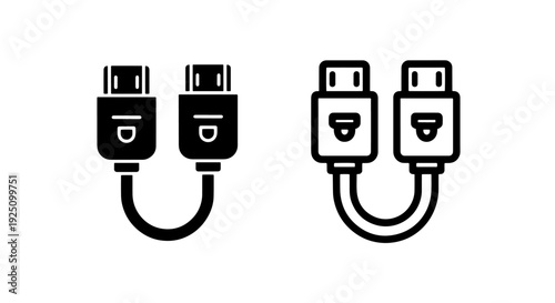 Pair of digital multimedia cable connectors in solid and outline icon styles for video and audio hardware