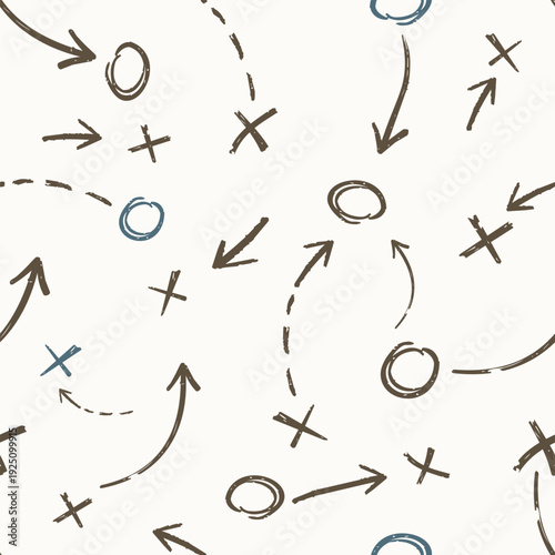 Hand drawn football tactics seamless pattern with coaching strategy board. Organic flat design soccer game plan background for team apparel and gifts.