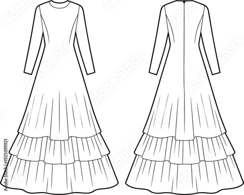 Women Long Sleeve Tiered Maxi Dress Technical Flat Sketch with Front and Back Views Vector Apparel Template