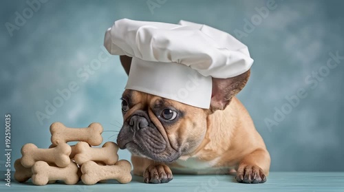A French bulldog wearing a chef hat looks at a pile of dog biscuits