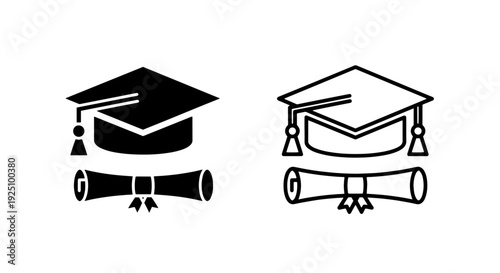 Academic Graduation Cap and Diploma Scroll Icons Representing Educational Degree and Career Success