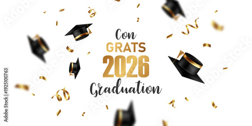 graduation design background realistic graduation hat Golden confetti congratulations to the graduates Vector illustration