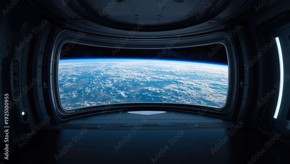 Fototapeta premium Space station window ocean cloud horizon view with calm awe