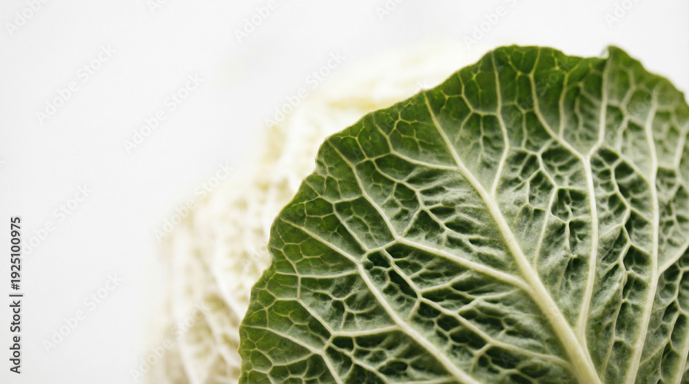 Fototapeta premium Green cabbage leaf texture on white background with copy space 