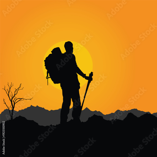 Hiker with backpack climbing steep trail  Sunset Illustration vector based drawing black silhouette