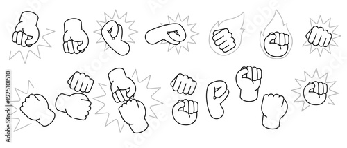 Set of fist and punch icons in various angles motion effects hit impact power fight actions vector line art illustration