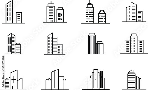 Minimalist skyscraper duo icons showing different heights and shapes of modern high rise office buildings for urban development