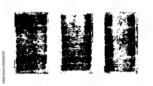 Set of grunge rolled ink stamp textures handmade with brayer. Letterpress vintage rough irregular rectangle vertical backgrounds Linocut relief printing shapes vector illustration transparent backdrop