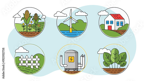 Illustrations of various urban infrastructure and public service facilities