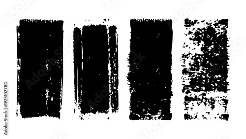 Set of grunge rolled ink stamp textures handmade with brayer. Letterpress vintage rough irregular rectangle vertical backgrounds Linocut relief printing shapes vector illustration transparent backdrop