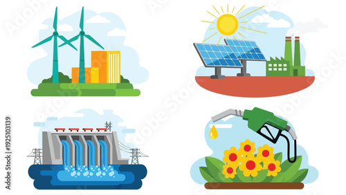 Four renewable energy sources powering a sustainable future with clean technology icons
