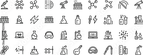 Chemistry and science vector icons set including test tubes, beakers, microscope, and molecular structures