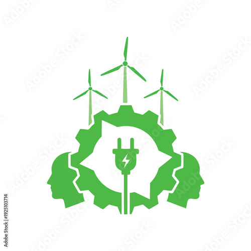 Renewable energy sources symbolized by wind turbines and a leaf with a power plug
