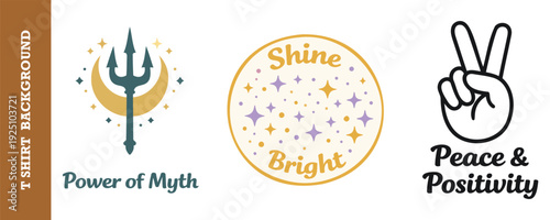Creative t shirt background design featuring mythical trident emblem glowing moon and peace sign illustration for positivity and brightness theme