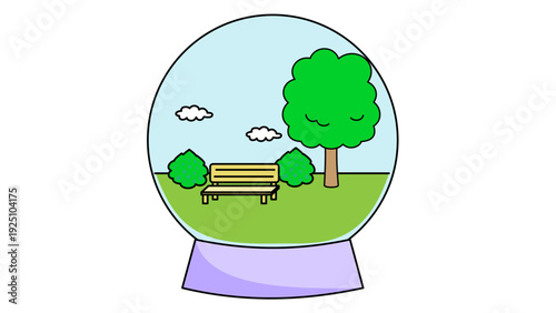 ベンチと木がある公園の風景を閉じ込めたスノードームのイラスト