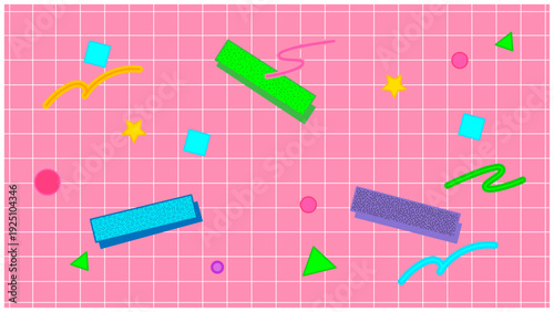 ピンクの方眼と幾何学模様が可愛いレトロポップなフレーム背景素材