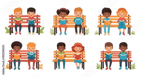 Cartoon illustration of six children swimming freestyle in blue water