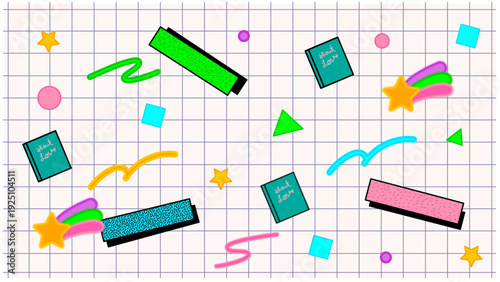 ホワイトの方眼に本や幾何学模様が散りばめられたレトロポップな背景素材