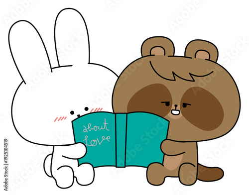 本を仲良く一緒に読むウサギとタヌキのイラスト