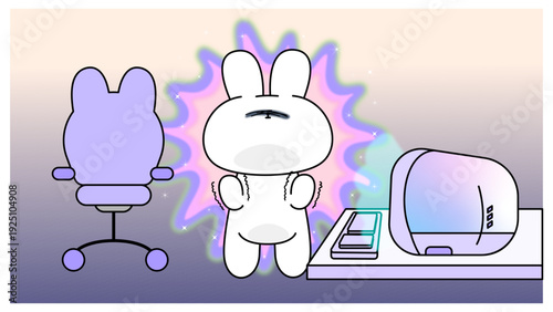 デスクの前で震えながら気合を入れるウサギのキャラクターイラスト
