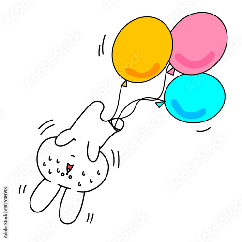 3色の風船を掴んで空へ飛んでいく笑顔のウサギのキャラクターイラスト