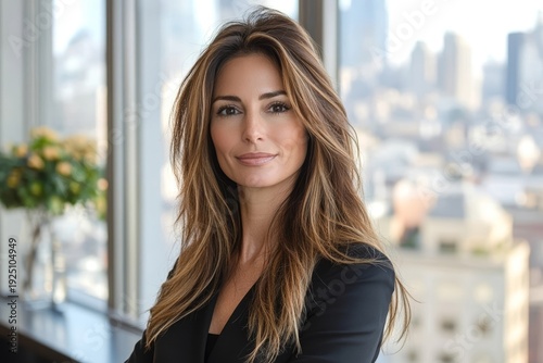 Confident Businesswoman Poses in Modern Office with City Skyline View Free Download Confident Businesswoman Poses in Modern Office with City Skyline View - GFXLoad