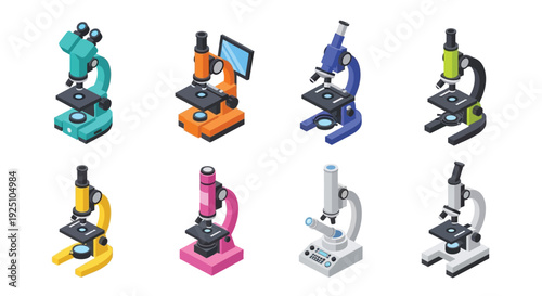 Isometric collection of colorful microscopes and related scientific instruments