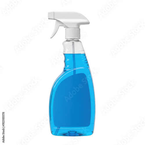 Cleaning spray bottle with blue liquid and white nozzle isolated on transparent background