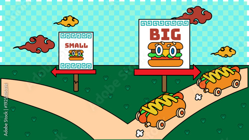 分かれ道で「BIG」と「SMALL」の看板を前に進路を選択するホットドッグカーのコミカルなビジネスイラスト
