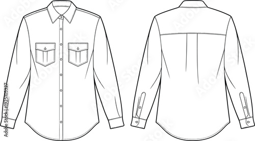 Long Sleeve Button Down Shirt Technical Drawing with Front and Back Views, Vector Outline Apparel Template Illustration