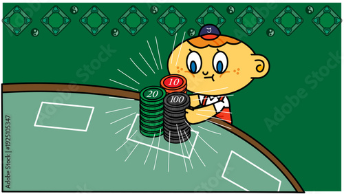 カジノテーブルで積み上がったチップを前に勝負に出る少年のコミカルなビジネスイラスト