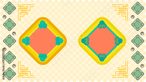 四隅の幾何学装飾と左右に配した太極図（陰陽）が特徴的なクリーム色の格子背景イラスト