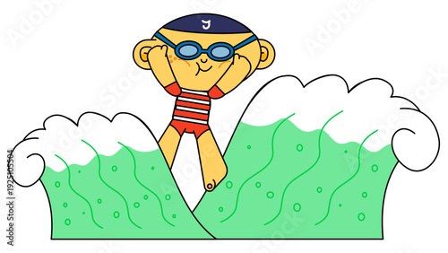 ゴーグルを装着し、押し寄せる波の間で泳ぐ少年のアクティブなビジネスイラスト