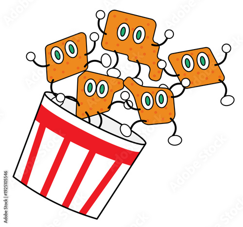 赤と白のストライプバケツから飛び出す元気なフライドチキンたちのコミカルイラスト