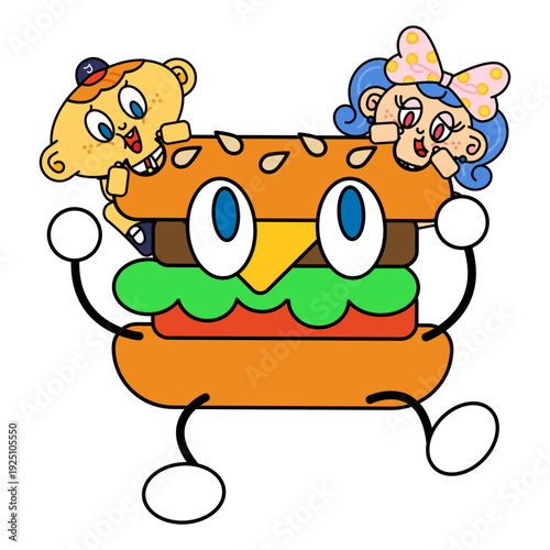 巨大なハンバーガーキャラクターの背後から顔を出す少年と少女のポップなイラスト