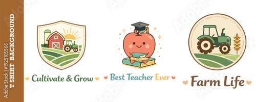 Cute and colorful farmthemed tshirt design with agricultural and teaching motifs isolated on transparent background