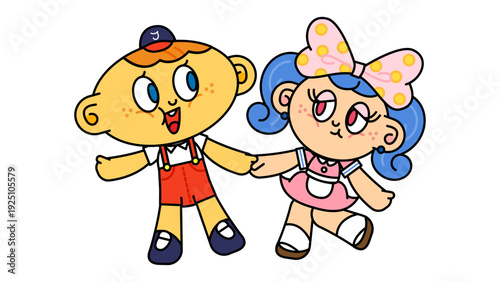 笑顔で手を取り合い、仲睦まじく並ぶ少年と少女のポップなキャラクターイラスト