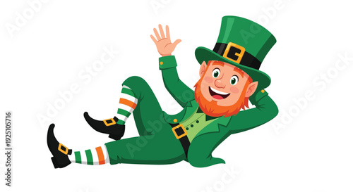 A cheerful leprechaun is playfully rolling on the ground