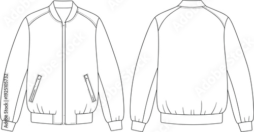 Mens Bomber Jacket with Zipper Pockets Technical Flat Sketch Front and Back Views Vector Apparel Template