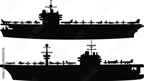 Aircraft carrier silhouette with fighter jets on deck, naval warship military fleet maritime defense illustration