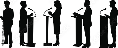 Business people speaking at podium silhouette set, political debate public speech conference presentation illustration